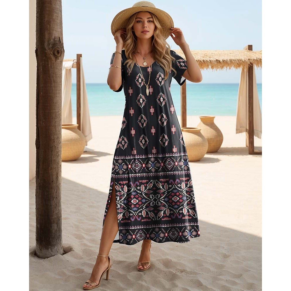 Damen Normal schwarzes kleid Langärmliges Boho-Kleid Elegant Vintage Blumen Graphic Maxidress Kurzarm Schmetterling Rundhalsausschnitt Bedruckt Gespaltener Oberschenkel Regular Fit seidigDresses Lightinthebox