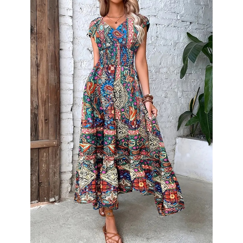 Damen Casual kleid Boho Chic Kleider Böhmen Kuschelig Brautkleider schlicht Paisley-Muster Maxidress Kurzarm V Ausschnitt Bedruckt Lockere Passform Urlaub Täglich Strand Purpur Sommer Frühling Lightinthebox