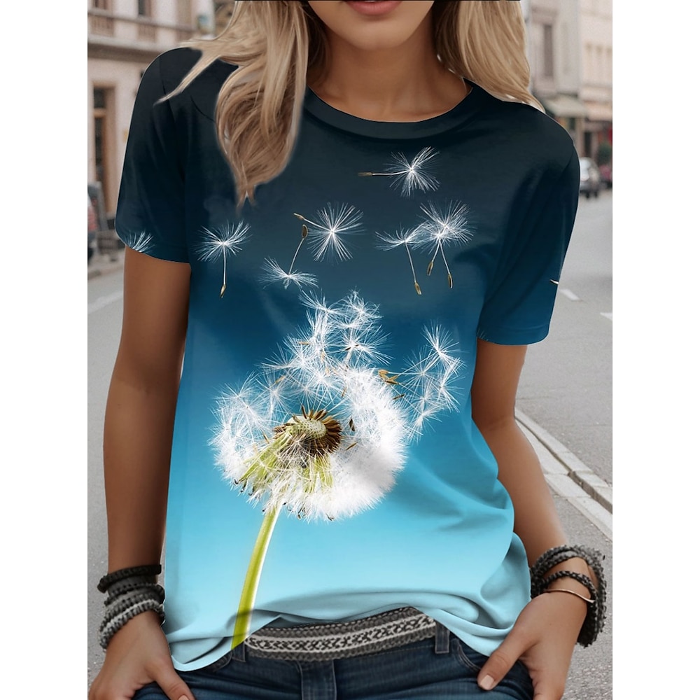 Damen T Shirt Brautkleider schlicht Farbverlauf Löwenzahn Normale Oberteile Kurzarm Rundhalsausschnitt Bedruckt Regular Fit Täglich Blau Sommer Lightinthebox