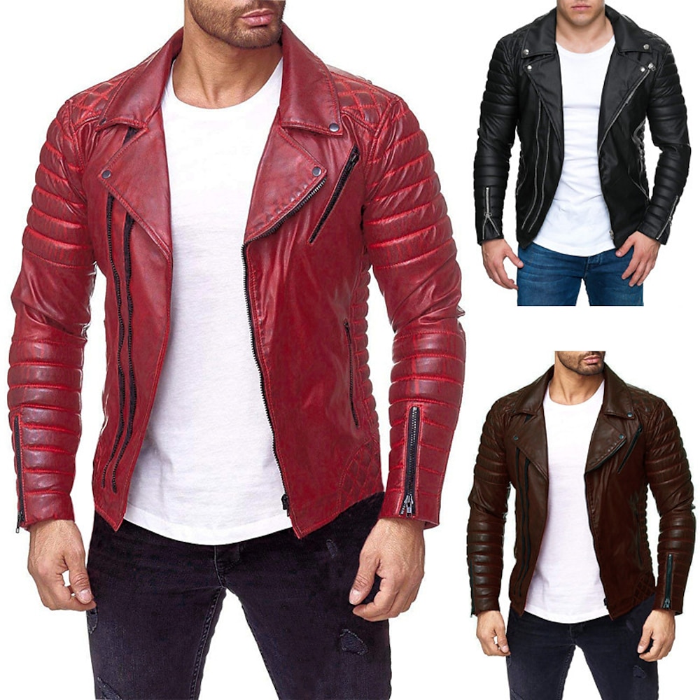 Herren Lederjacke Kunstlederjacke Motorrad Jacke Motorradjacke Urlaub Täglich Windundurchlässig warm halten Tasche Herbst Winter Glatt Modisch Klassisch Kargen Standard Schwarz Rote Kaffee Jacken Lightinthebox