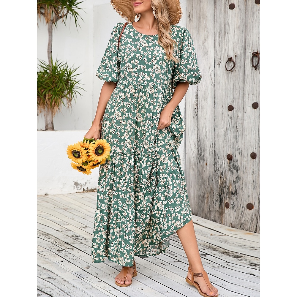 Damen Casual kleid Schaukelkleid Boho Chic Kleider Böhmen Kuschelig Stilvoll Graphic Ditsy Blumig Maxidress Halbe Ärmel Rundhalsausschnitt Bedruckt Lockere Passform Urlaub Täglich Strand Grün Sommer Lightinthebox