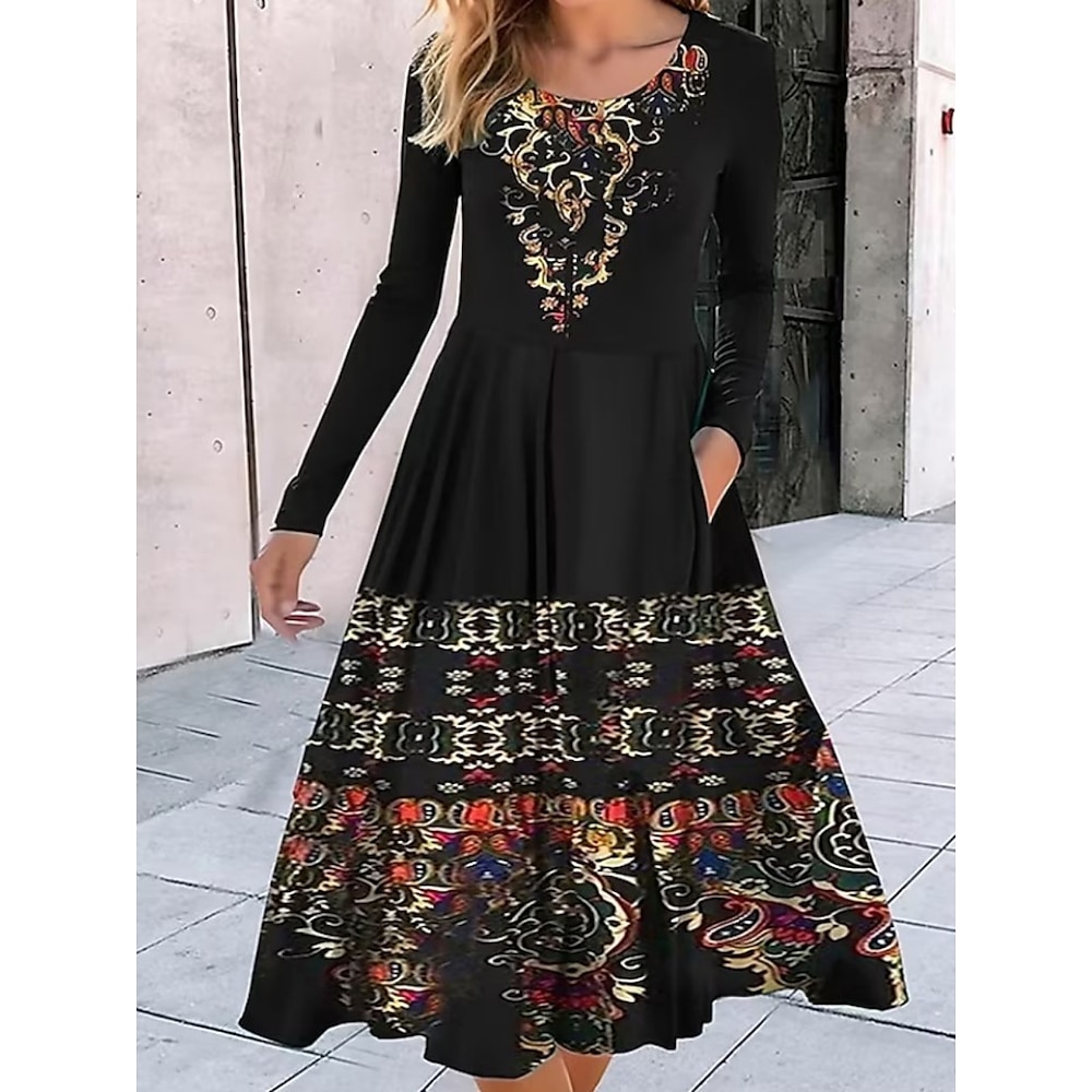 Damen Midikleid Casual kleid Schaukelkleid A Linie Kleid Boho-Kleid Vintage Ethnisch Brautkleider schlicht Urlaub Täglich Regular Fit Blumen Langarm Rundhalsausschnitt Schwarz Sommer Lightinthebox