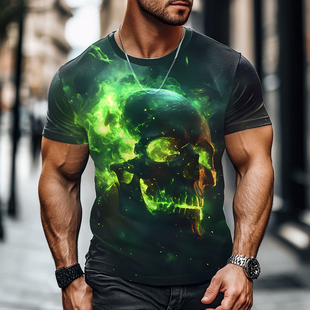 Herren Totenkopf Flamme T Shirt Kurzarm T-Shirt 3D-Druck Rundhalsausschnitt Hemd Übertrieben Designer Party Festtage Grün Sommer Frühling Bekleidung S M L XL XXL XXXL Lightinthebox