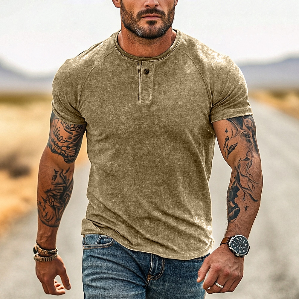 Herren Henley Shirt Tee Kurzarm Feste Farbe Glatt Betrübt Knopf Gewaschen Henley Outdoor Casual Täglich Sommer Frühling Herbst Schwarz Marineblau Grün Henley T-Shirt Lightinthebox