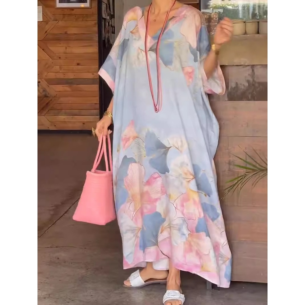 Damen Casual kleid Etuikleid Stilvoll Brautkleider schlicht Blumen Maxidress Kurzarm V Ausschnitt Bedruckt Lockere Passform Urlaub Täglich Verabredung Rosa Blau Sommer Frühling Lightinthebox