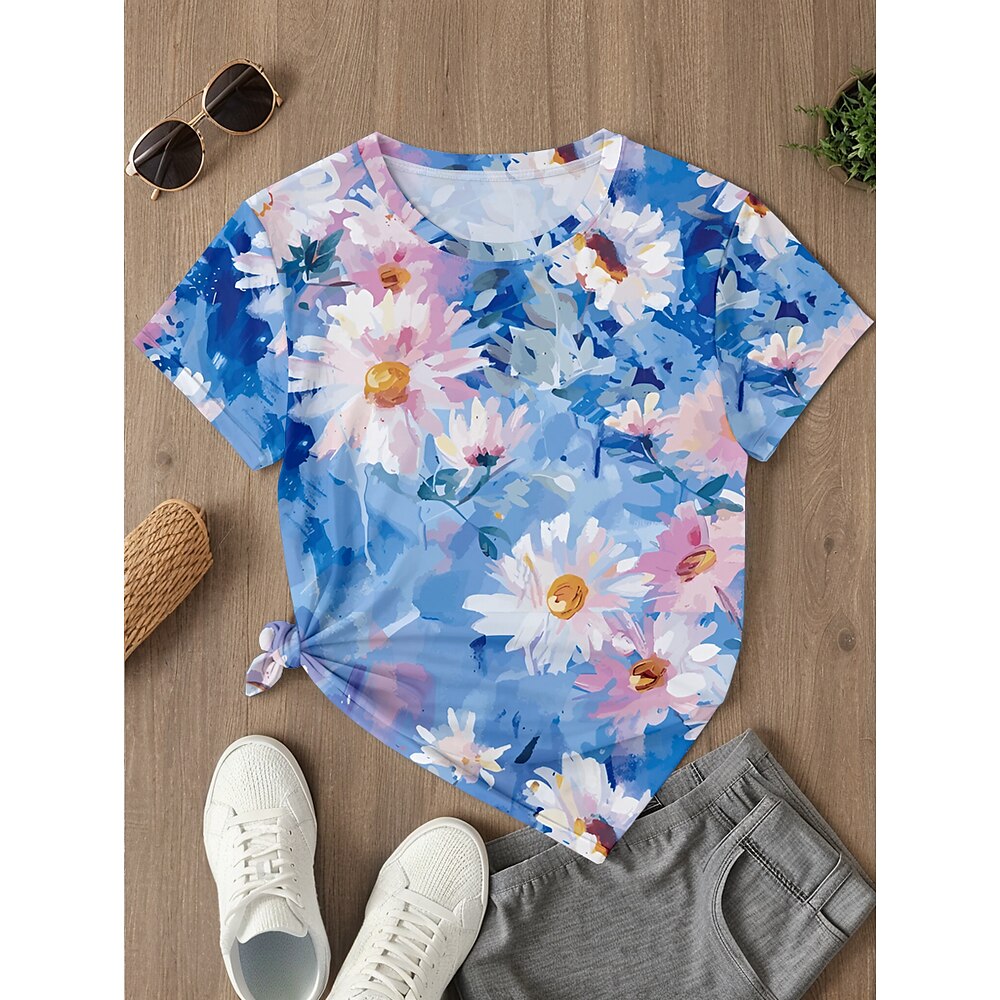 Damen T Shirt Brautkleider schlicht Blumen Normale Oberteile Kurzarm Rundhalsausschnitt Knopf Bedruckt Asymmetrisch Regular Fit Täglich Blau Frühling Herbst Lightinthebox