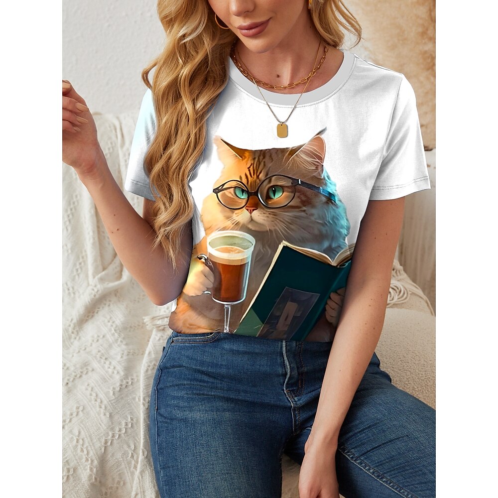 Damen T Shirt Katze Brautkleider schlicht Kurzarm Rundhalsausschnitt Normale Oberteile Täglich Bedruckt Schwarz Weiß Blau Purpur Sommer Lightinthebox