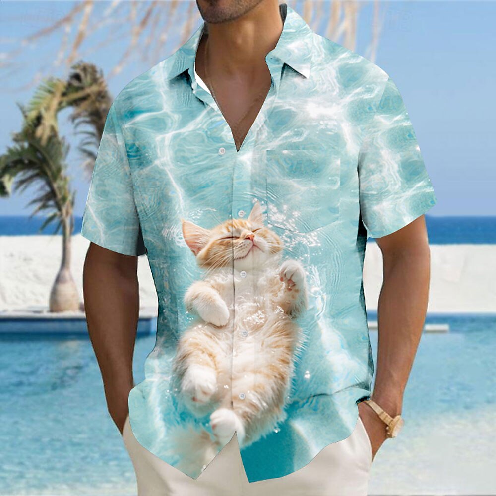 Herren Katze 3D-Druck Wellen Hemd Knopfhemd Kurzarm Modisch lässig Urlaub Festtage Strandbekleidung Sommer Herbst Umlegekragen 3D-Druck Hemden mit Kragen Eine Tasche vorne Blau Lightinthebox