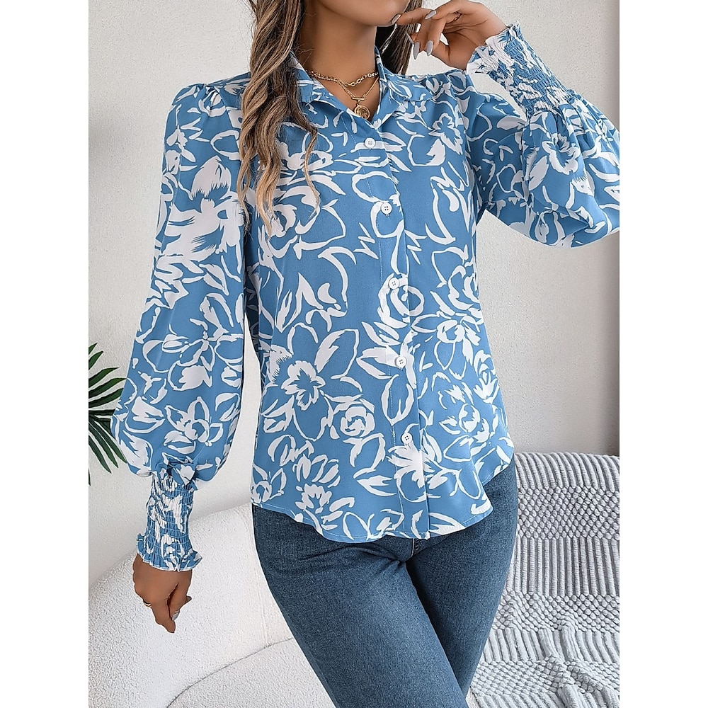 Damen Hemd Bluse Stilvoll Brautkleider schlicht Blumen Normale Oberteile Langarm Hemdkragen Knopf Bedruckt Regular Fit Täglich Weiß Marineblau Leicht Blau Sommer Frühling Lightinthebox