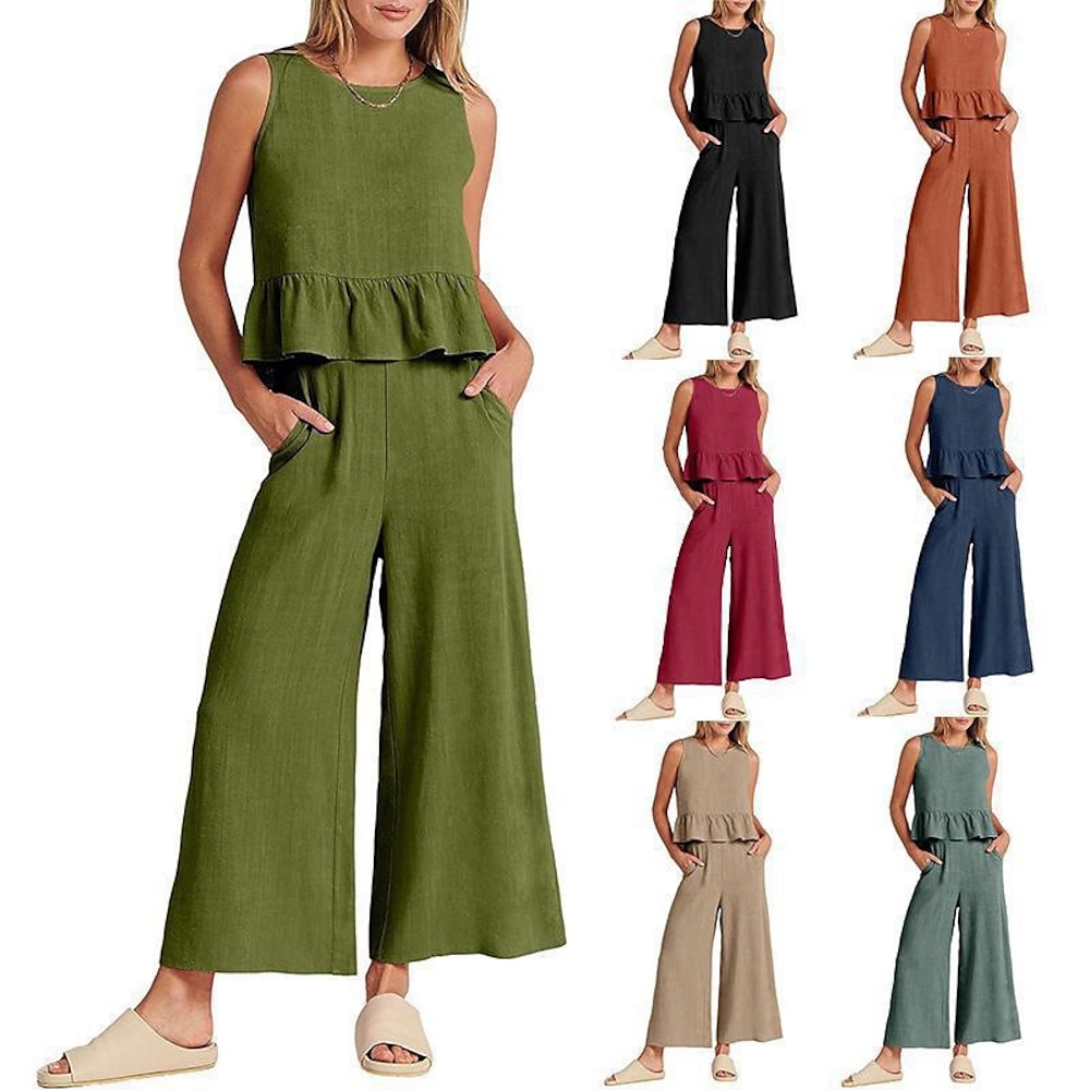 Damen Modisch Strassenmode T Shirt Hosen-Sets Leinenhose Hosen Hose Ärmellos Rundhalsausschnitt Glatt Rüsche Freizeitskleidung Verabredung Schwarz Armeegrün Rote Frühling Regular Fit Lightinthebox