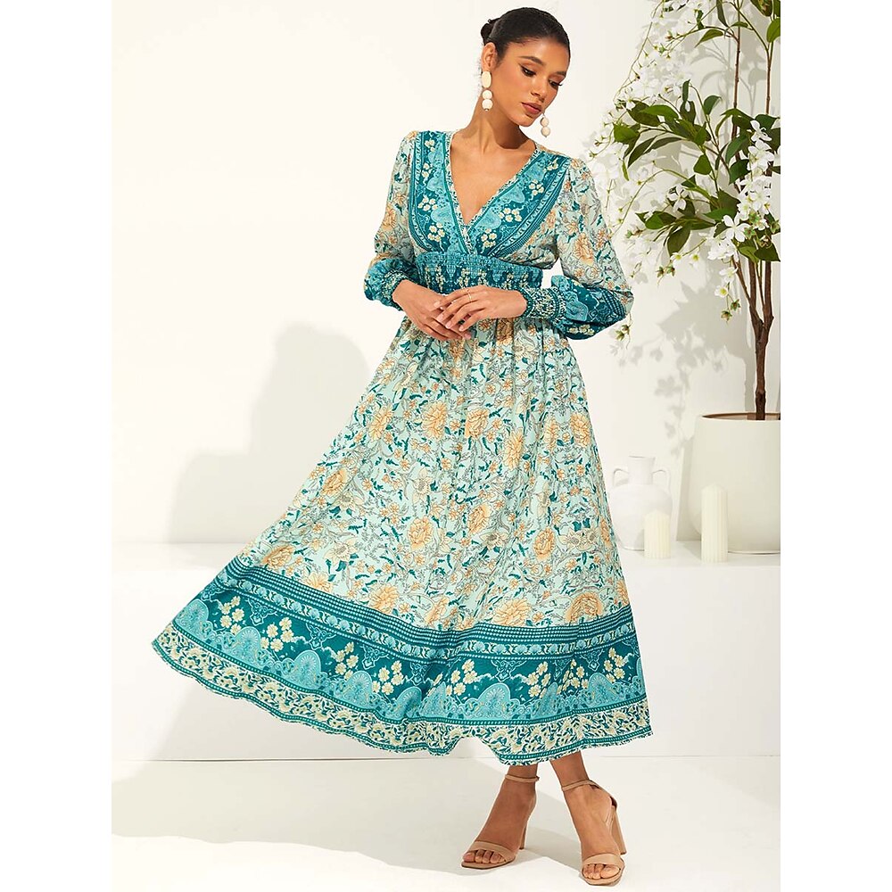 Damen Schaukelkleid Boho Blumen Paisley-Muster Maxidress Langarm Bischof V Ausschnitt Rüsche Elastische Taille Bedruckt Lockere Passform seidigDressesUrlaub Grün Sommer Frühling Lightinthebox