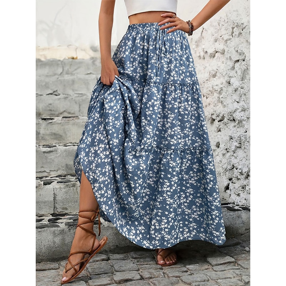 Damen Rock A-Linie Schaukel Böhmen Brautkleider schlicht Maxi Hoher Taillenbund Röcke Blumen Bedruckt Mikro-elastisch Strasse Täglich Schwarz Blau Sommer Polyester Lightinthebox