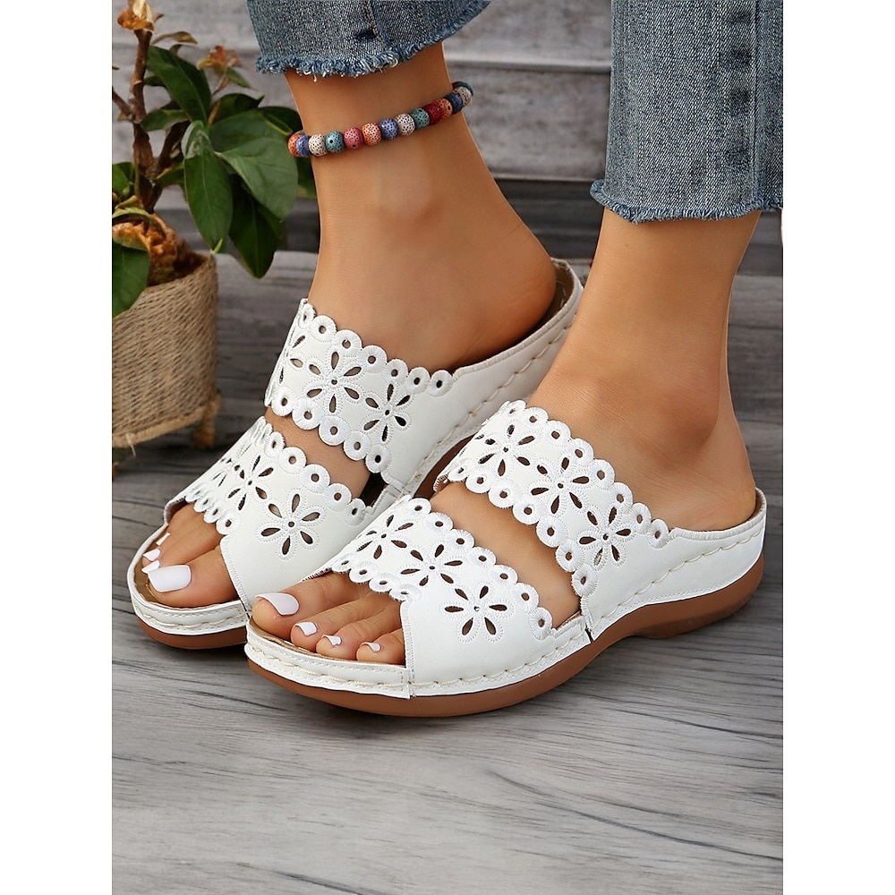 weiße Damen-Sandalen zum Hineinschlüpfen mit floralem Cut-out-Design, bequemer Sohle und lässigem Stil für den Sommer und tägliche Ausflüge Lightinthebox