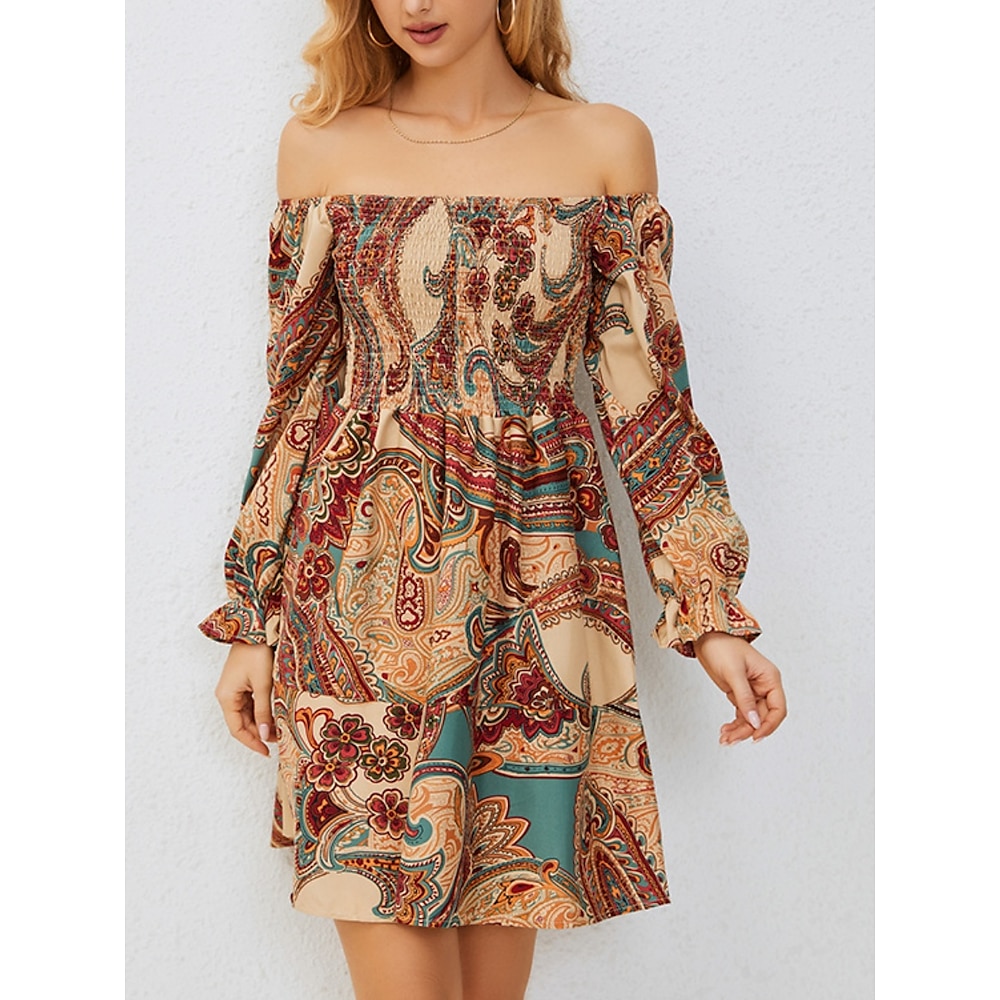 Damen Casual kleid Boho Chic Kleider Böhmen Brautkleider schlicht Boho Paisley-Muster Minikleid Langarm Schulterfrei Rückenfrei Bedruckt Lockere Passform Urlaub Täglich Strand Braun Sommer Frühling Lightinthebox