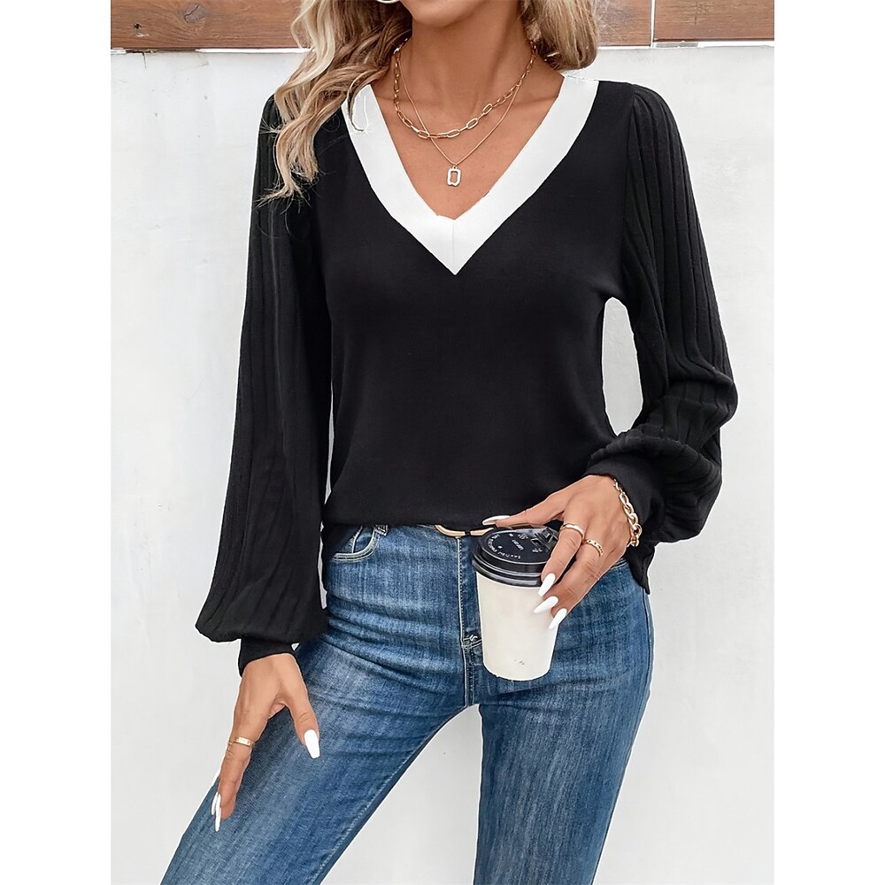 Damen Hemd Bluse Stilvoll Brautkleider schlicht Feste Farbe Normale Oberteile Langarm V Ausschnitt Patchwork Regular Fit Täglich Schwarz Sommer Frühling Herbst Lightinthebox