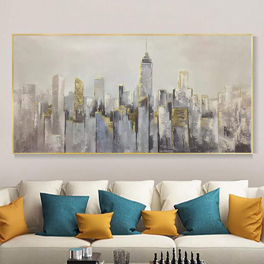 100 % handgemachtes abstraktes Ölgemälde „New York City" in Gold und Grau, strukturiert, Acryl, Wanddekoration, Wohnzimmer, Büro, ohne Rahmen Lightinthebox