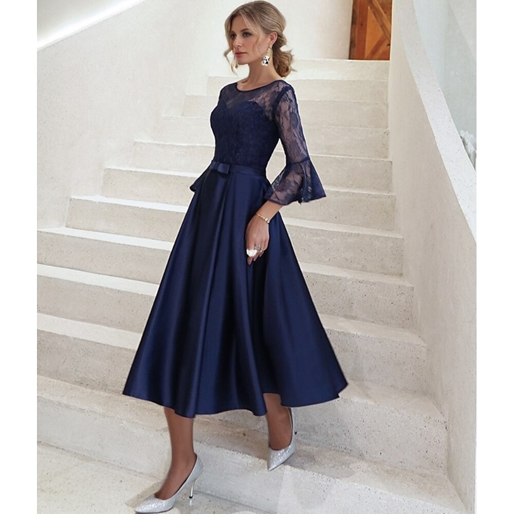 A-Linie Kleid Brautmutterkleid Elegant Vintage Illusionsausschnitt Schmuck Knöchellänge Satin Spitze 3/4 Ärmel mit Spitze Einheitliche Farbe 2024 Lightinthebox