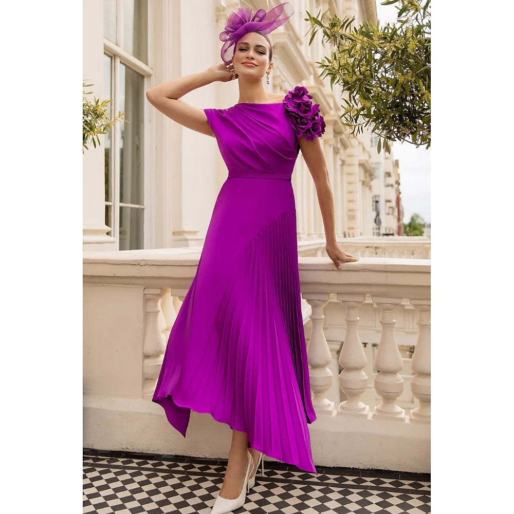 A-Linie Kleid Brautmutterkleid Elegant Vintage Schmuck Asymmetrisch Knöchellänge Stretch Chiffon Kurzarm mit Gerafft Applikationen Blume 2025 Lightinthebox