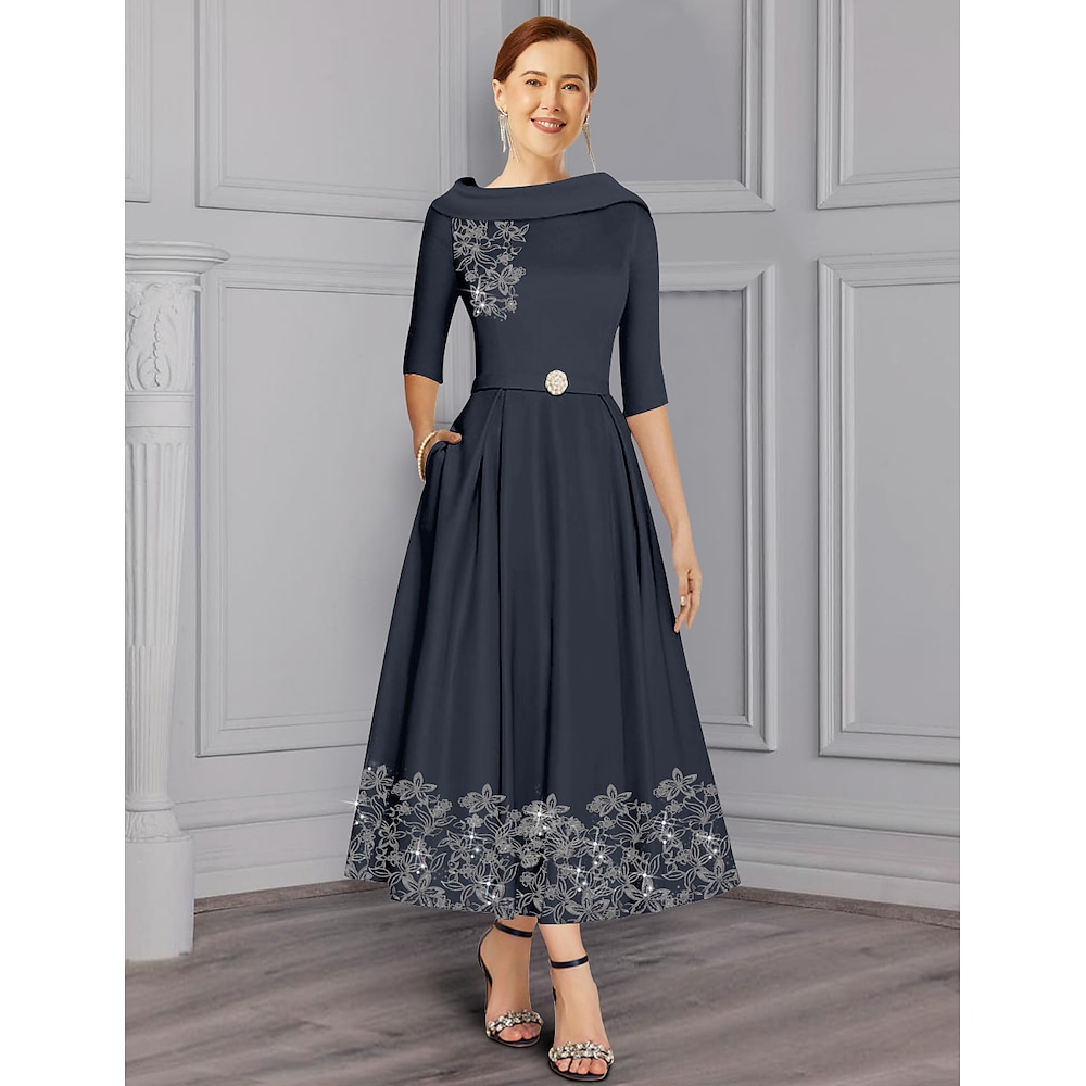 A-Linie Kleid Brautmutterkleid Elegant Einfach V Ausschnitt Knöchellänge Tee-Länge Satin 3/4 Ärmel mit Spitze Gerafft Paillette 2025 Lightinthebox