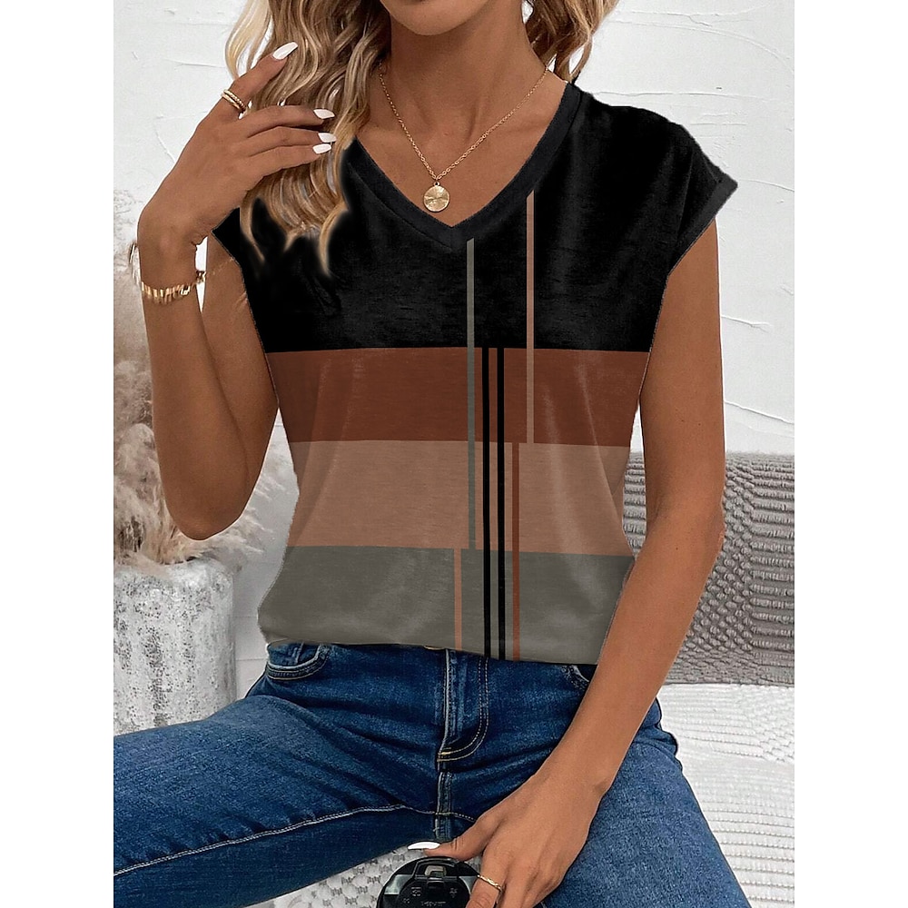 Damen T Shirt Brautkleider schlicht Geometrisch Normale Oberteile Ärmellos V Ausschnitt Bedruckt Regular Fit Täglich Schwarz Sommer Lightinthebox