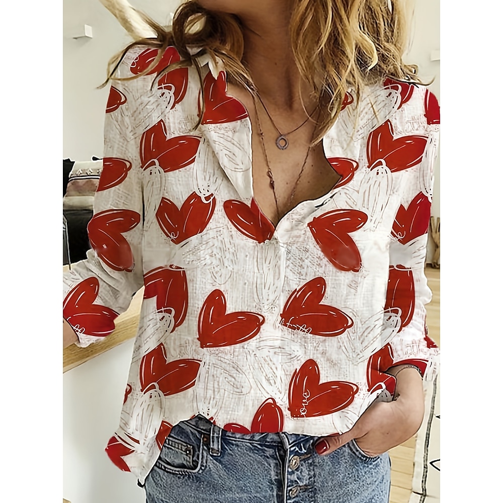 Damen Hemd Bluse Täglich Stilvoll Herz Lange Oberteile Langarm Hemdkragen Knopf Bedruckt Lockere Passform Täglich Ausgehen Rote Sommer Frühling Lightinthebox