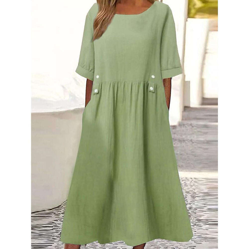 Damen Casual kleid Baumwoll-Leinenkleid Elegant Vintage Stilvoll Glatt Midikleid Kurzarm Rundhalsausschnitt Patchwork Lockere Passform Urlaub Täglich Purpur Grün Sommer Frühling Lightinthebox