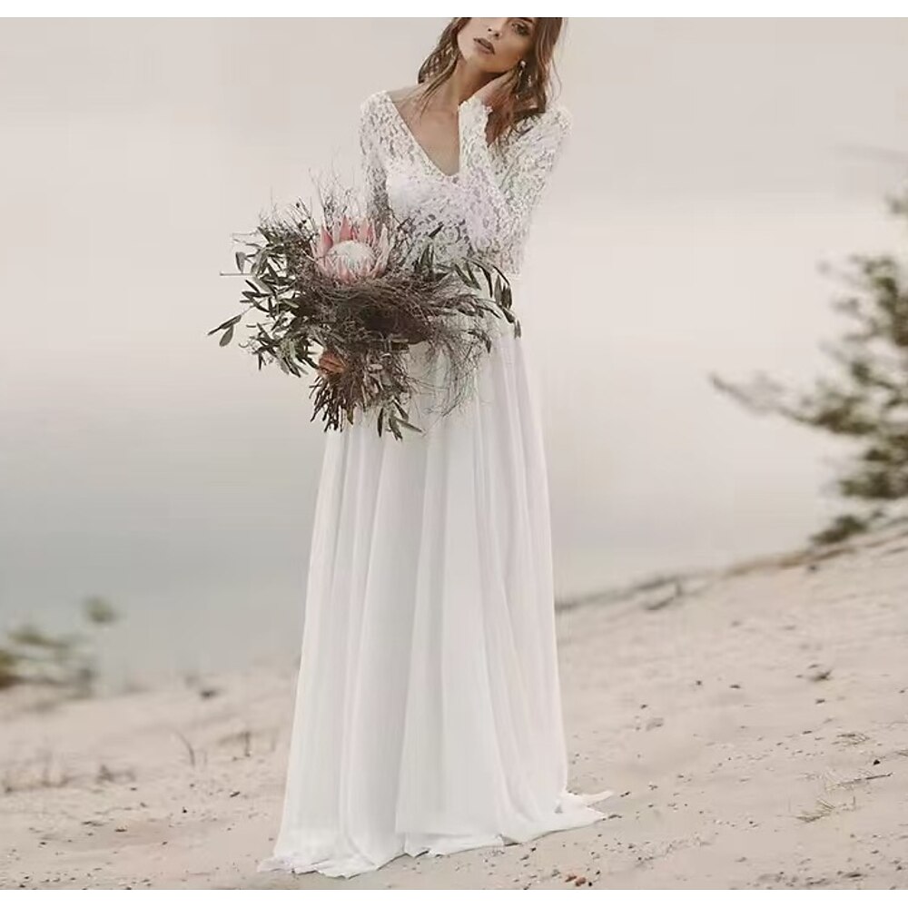 Strand / Urlaubsziel Offener Rücken Boho Hochzeitskleider A-Linie V Ausschnitt Illusionsausschnitt Langarm Bodenlanger Rock Chiffon Hochzeitsanzüge Brautkleider Mit Schärpe / Band Drapiert 2025 Lightinthebox