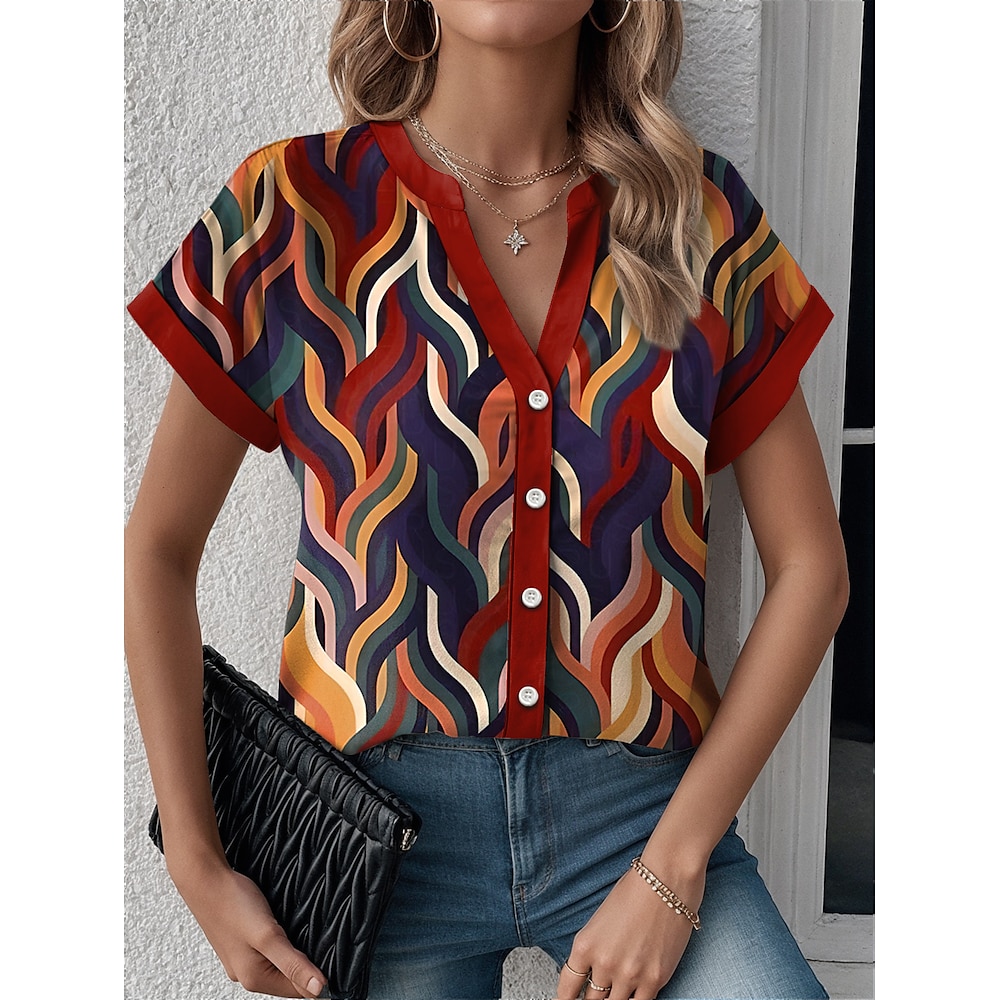 Damen Hemd Bluse Modern Brautkleider schlicht Geometrisch Farbblock Normale Oberteile Kurzarm Gekerbter Hals Knopf Bedruckt Regular Fit Arbeit Täglich Rote Sommer Frühling Lightinthebox