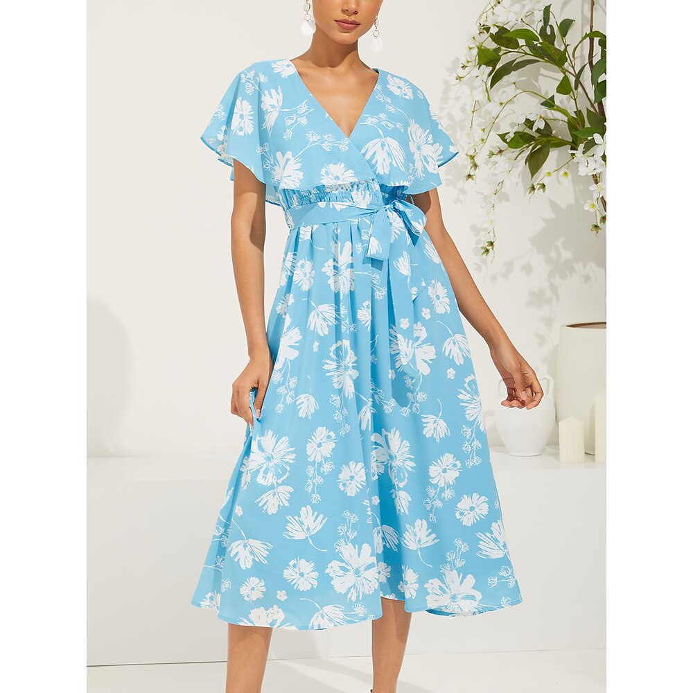 Damen Casual kleid Schaukelkleid Stilvoll Brautkleider schlicht Blumen Midikleid Kurzarm V Ausschnitt Bedruckt Regular Fit Urlaub Täglich Verabredung Leicht Blau Sommer Frühling Lightinthebox