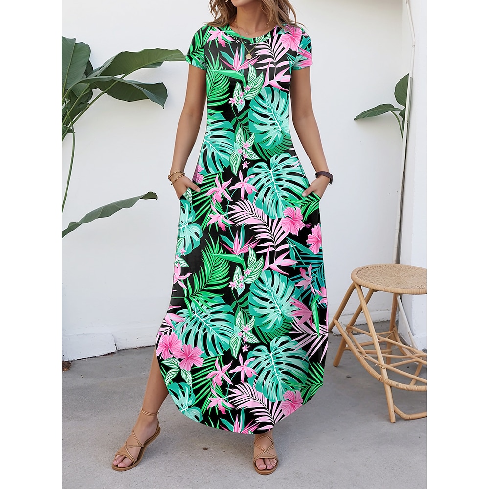 Damen Casual kleid Vintage Blumen Maxidress Kurzarm Rundhalsausschnitt Gespleisst Bedruckt Abgerundeter Saum Regular Fit Urlaub Grün Sommer Lightinthebox