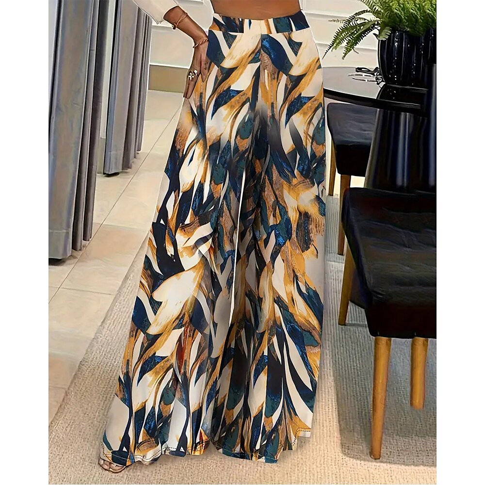 Damen Breites Bein Hosen Hose Leicht Brautkleider schlicht In voller Länge Mittlere Hüfthöhe Graphic Kokosnussbaum Print Atmungsaktivität Komfortabel Unelastisch Heim Casual Schwarz Gelb Sommer Lightinthebox