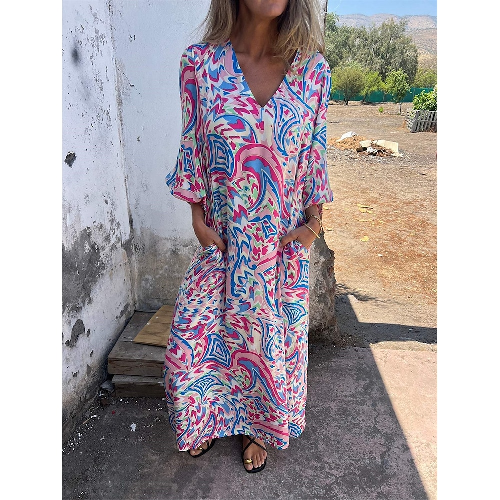 Damen Casual kleid Boho Chic Kleider Böhmen Kuschelig Stilvoll Graphic Maxidress Halbe Ärmel Laternenärmel V Ausschnitt Bedruckt Lockere Passform Urlaub Täglich Verabredung Rosa Grün Sommer Frühling Lightinthebox