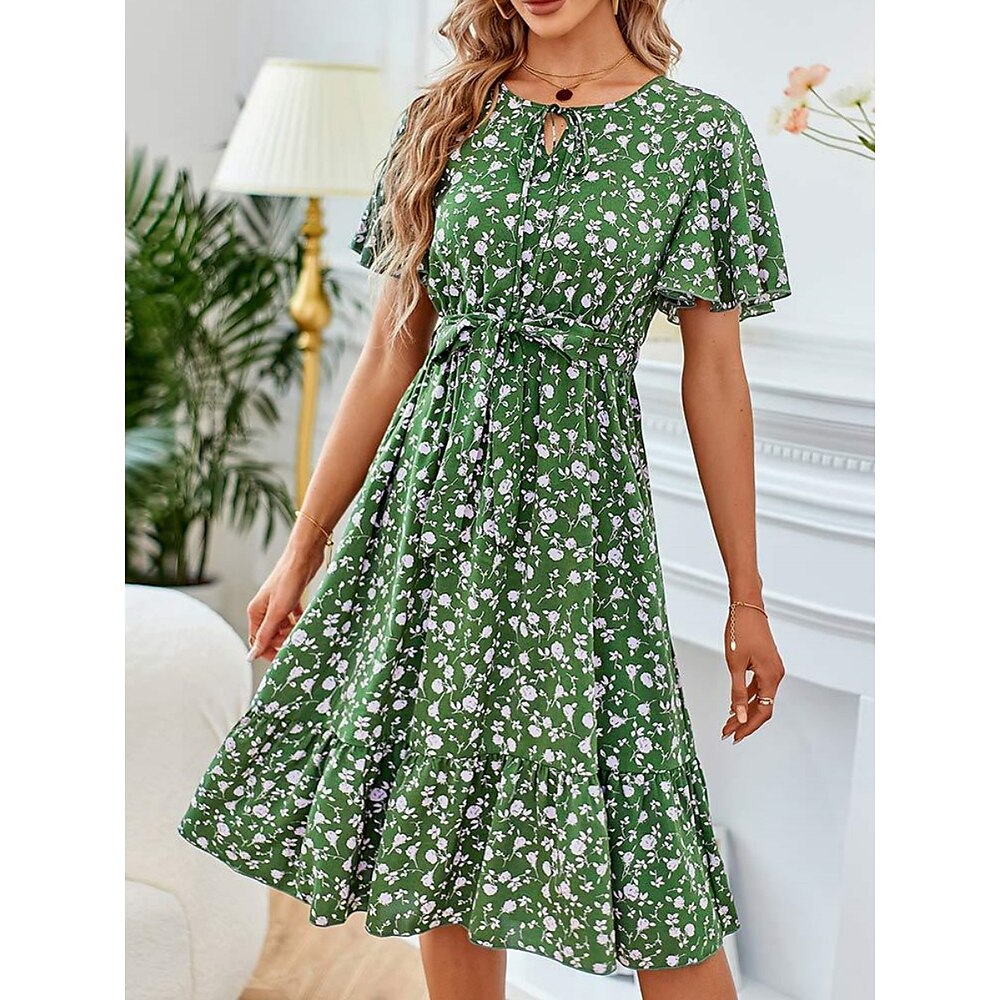 Damen Casual kleid A Linie Kleid Stilvoll Brautkleider schlicht Blumen Midikleid Kurzarm Rundhalsausschnitt Vorne binden Bedruckt Regular Fit Urlaub Täglich Grün Sommer Frühling Lightinthebox