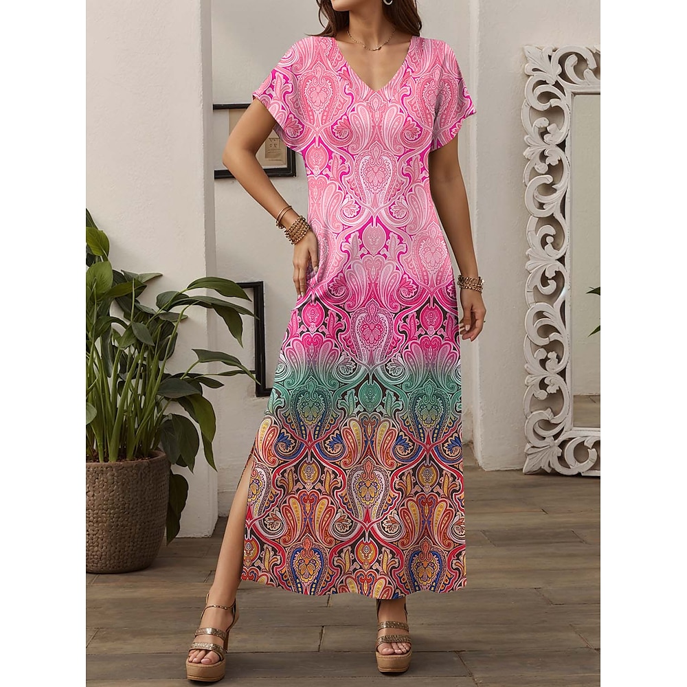 Damen Casual kleid A Linie Kleid Stilvoll Brautkleider schlicht Farbverläufe Maxidress Kurzarm V Ausschnitt Bedruckt Regular Fit Urlaub Täglich Rosa Frühling Herbst Lightinthebox