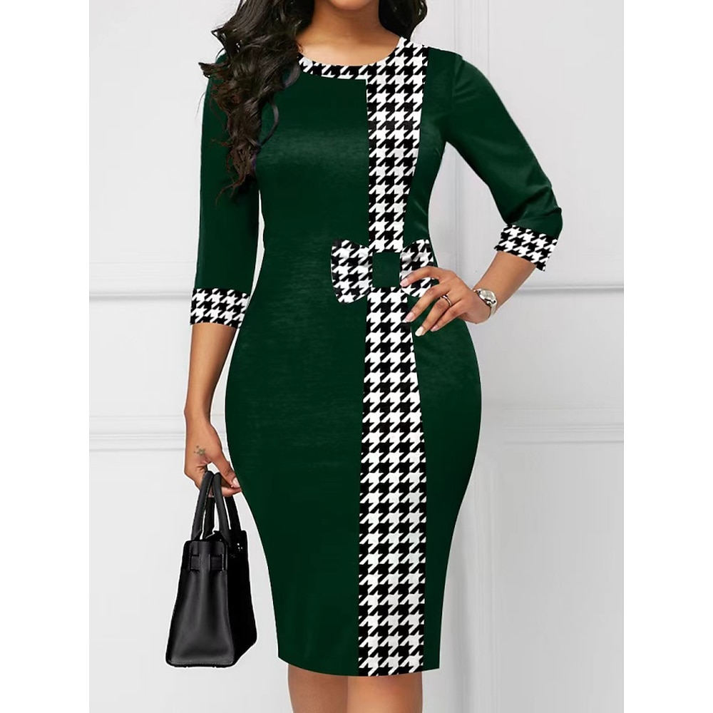 Damen Casual kleid Bodycon Stilvoll Brautkleider schlicht Plaid Midikleid 3/4 Ärmel Rundhalsausschnitt Bedruckt Regular Fit Urlaub Arbeit Täglich Schwarz Wein Marineblau Grün Sommer Lightinthebox