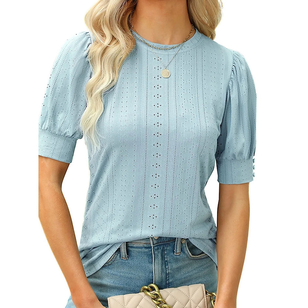 Damen Bluse Elegant Stilvoll Brautkleider schlicht Feste Farbe Normale Oberteile Kurzarm Rundhalsausschnitt Ausgehöhlt Lockere Passform Arbeit Täglich Festtage Weiß Gelb Rosa Blau Sommer Frühling Lightinthebox