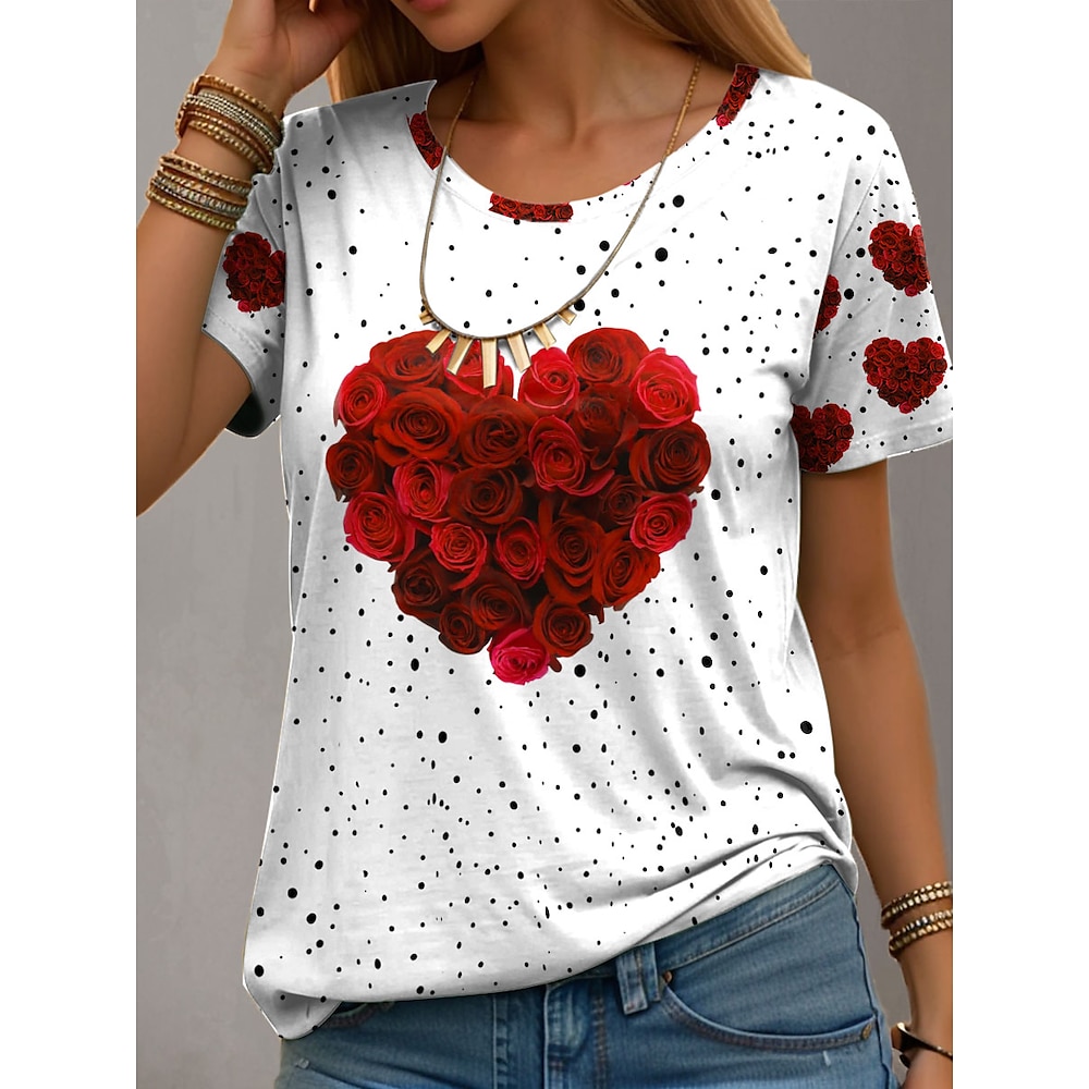 Damen T Shirt Brautkleider schlicht Valentinstag Herz Rose Normale Oberteile Kurzarm Rundhalsausschnitt Bedruckt Regular Fit Täglich Rote Sommer Lightinthebox