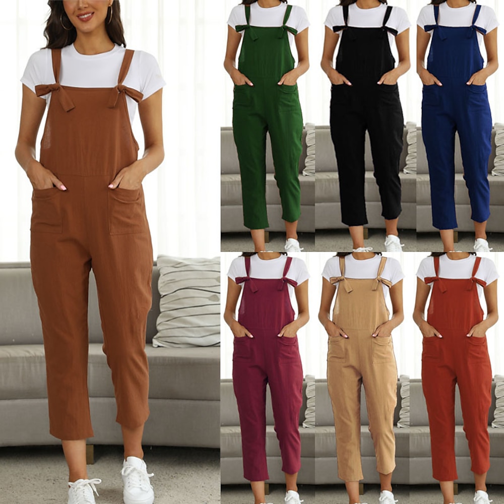 Damen Hosen Hose Overall Jumpsuit Leicht Brautkleider schlicht Knöchellänge Mittlere Hüfthöhe Glatt Tasche Atmungsaktivität Komfortabel Unelastisch Heim Casual Weinrot Dunkelgrün Marinenblau Schwarz Lightinthebox