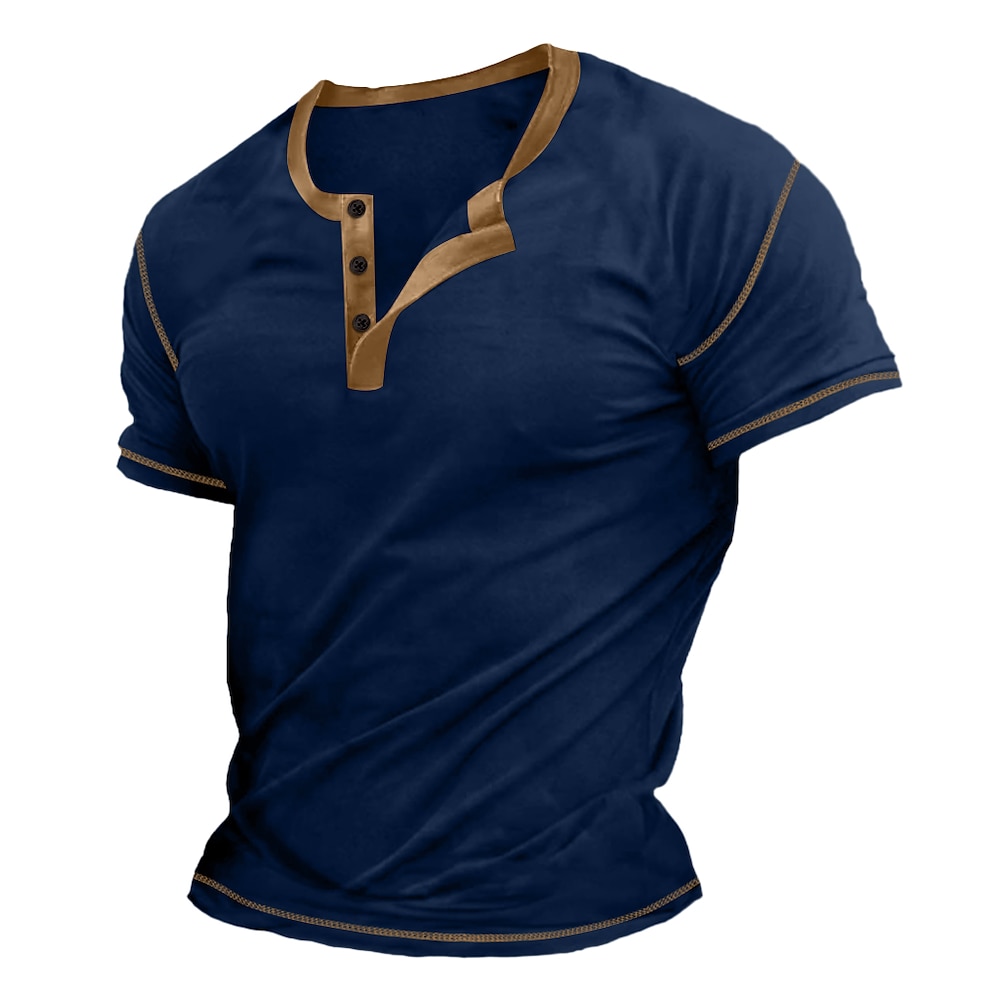 Herren Henley Shirt T-Shirt Kurze Ärmel Glatt Raglanärmel Modisch Designer Basic Knopf hoch Henley Urlaub Strasse Ausgehen Sommer Dunkel Braun Marineblau Königliches Blau Henley T-Shirt Lightinthebox