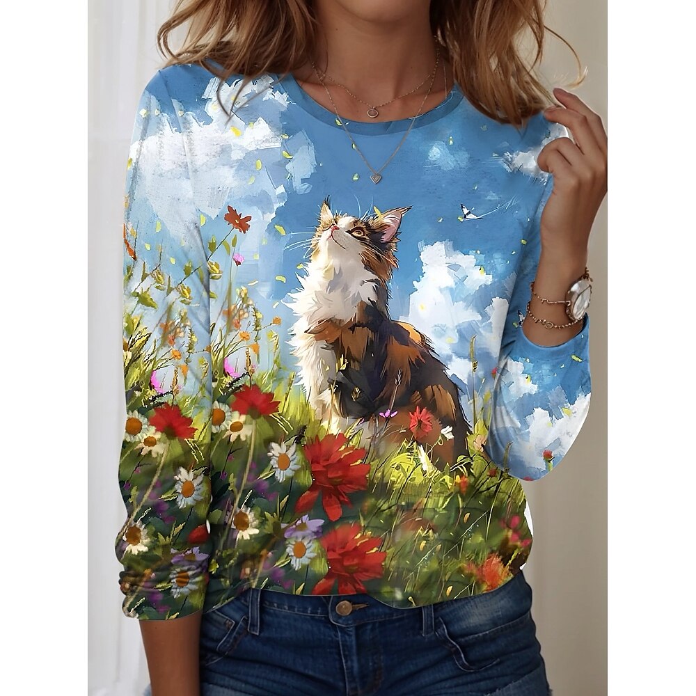 Damen T Shirt Brautkleider schlicht Katze Normale Oberteile Langarm Rundhalsausschnitt Bedruckt Regular Fit Täglich Blau Frühling Herbst Lightinthebox