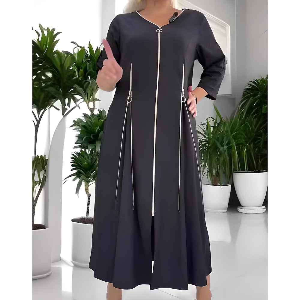 Damen Casual kleid Arbeitskleidung Elegant Stilvoll Brautkleider schlicht Glatt kleid lang 3/4 Ärmel V Ausschnitt Zip Regular Fit Urlaub kleid hochzeitsgast Arbeit Schwarz Sommer Frühling Herbst Lightinthebox