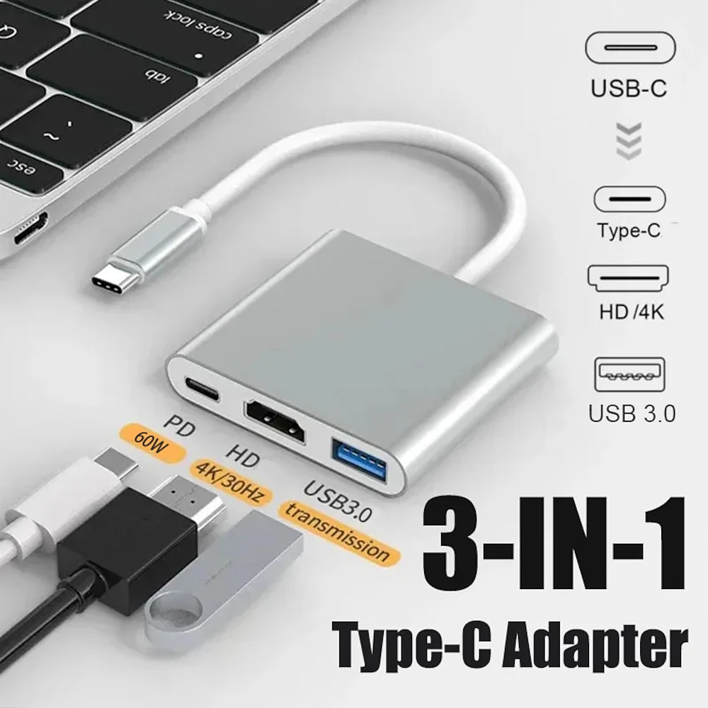 3-in-1-USB-Hub 4k USB-C 3.1 Hub-Konverter USB Typ C auf USB HDMI-kompatibler Video-Digital-AV-Multiport-Adapter für iPad, MacBook, Laptops, HDTV Lightinthebox