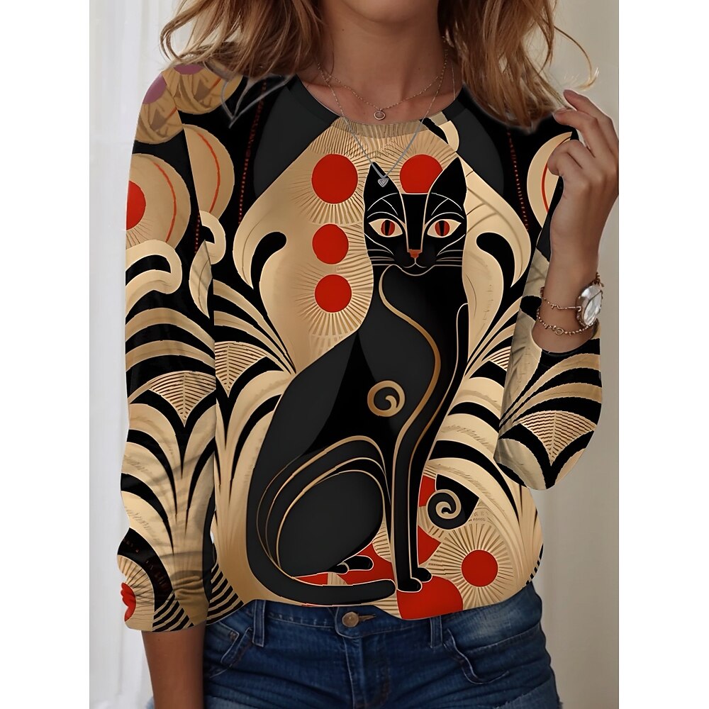 Damen T Shirt Brautkleider schlicht Valentinstag Katze Vintage Normale Oberteile Langarm Rundhalsausschnitt Bedruckt Regular Fit Täglich Khaki Frühling Herbst Lightinthebox