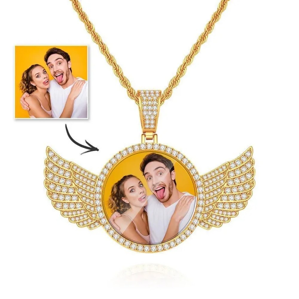 personalisierte Halskette mit individuellem Foto - goldener Flügelanhänger aus Kupfer, beste Geschenkidee für Verliebte, stärkt Beziehungen durch perfektes Timing, ideales Valentinstagsgeschenk für Paare Lightinthebox