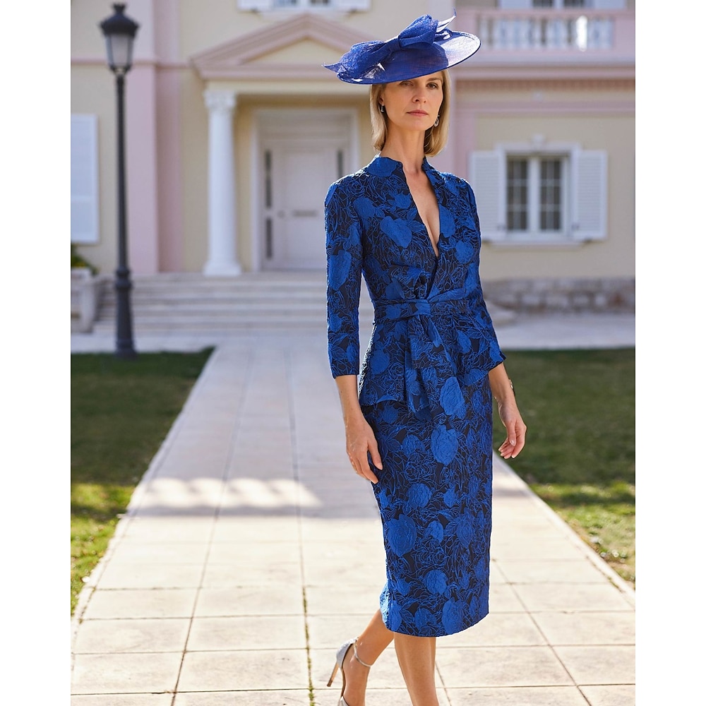 Blumen-Etuikleid/Säulenkleid für die Mutter der Braut, formelle Hochzeitsgäste, eleganter High-Low-Hemdkragen, wadenlang, Polyester, 3/4-Ärmel, mit Schärpe/Band, 2025 Lightinthebox