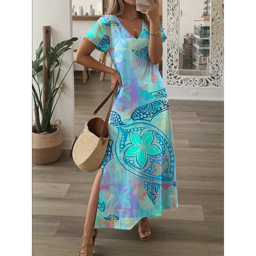 Damen Casual kleid A Linie Kleid Stilvoll Brautkleider schlicht Blumen Maxidress Kurzarm V Ausschnitt Bedruckt Regular Fit Urlaub Täglich Blau Grün Frühling Herbst Lightinthebox