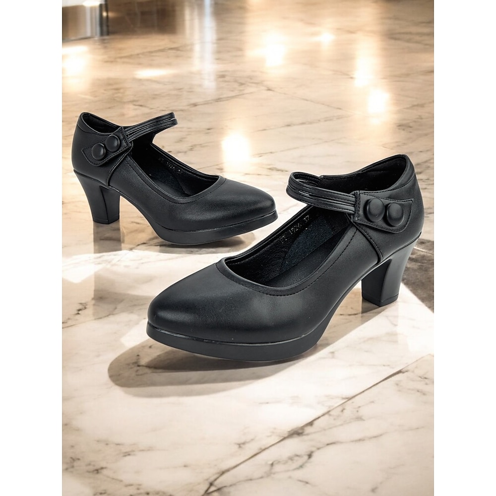 Schwarze Mary-Jane-Pumps mit hohem Absatz für Damen - runde Zehenpartie, stylischer Fesselriemen mit Knopfdetail, perfekt fürs Büro oder die Freizeit Lightinthebox