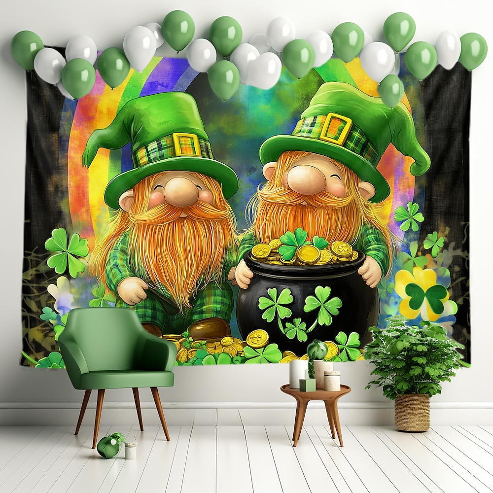 St. Patricks Day Wandteppich Kleeblätter Gnome gold Wandkunst großer Wandteppich Wandbild Dekor Fotografie Hintergrund Decke Vorhang Haus Schlafzimmer Wohnzimmer Dekoration Lightinthebox