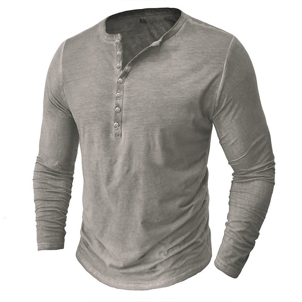 Herren Henley Shirt T-Shirt langarmshirt Langarm Glatt Vintage Modisch Basic Knopf hoch Henley Urlaub Strasse Ausgehen Sommer Dunkelgrau Blau Hellgrau Henley T-Shirt Lightinthebox