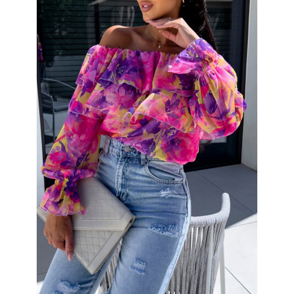 Damen Hemd Bluse Stilvoll Brautkleider schlicht Blumen Blatt Normale Oberteile Langarm Schulterfrei Rüsche Bedruckt Regular Fit Täglich Gelb Rosa Purpur Grün Sommer Frühling Lightinthebox